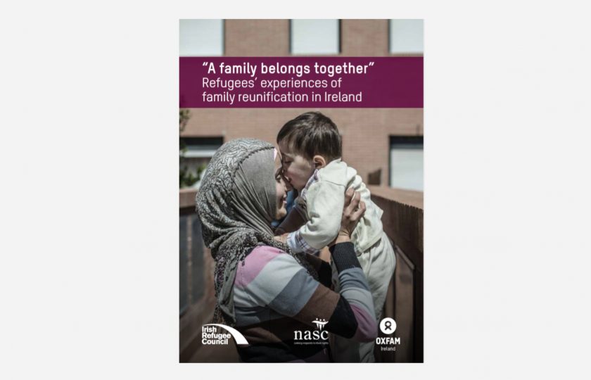 A family belongs together report cover - young woman lifting and huffing a child